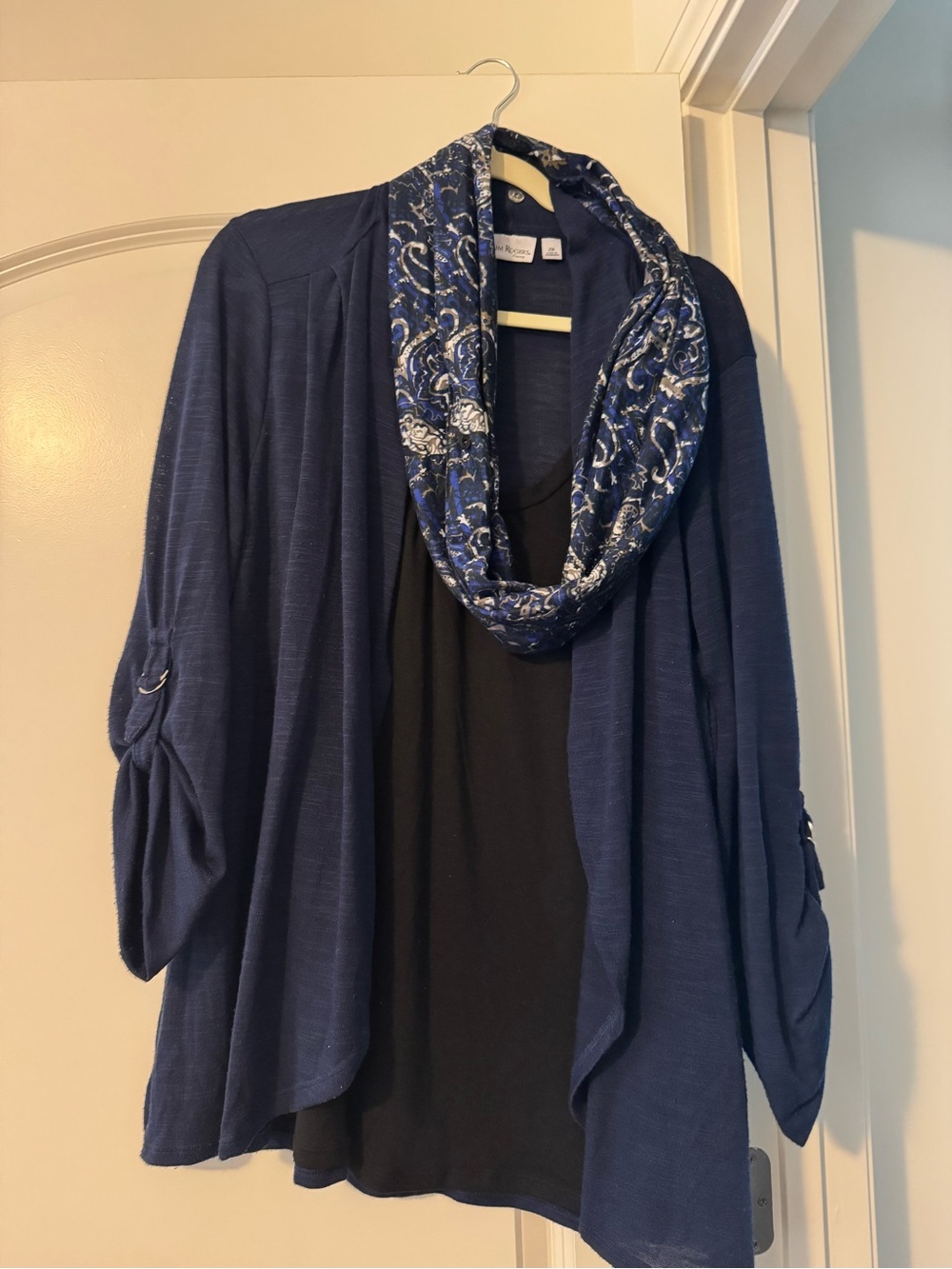 Kim Rogers Navy Blue Layered Cardigan with Patterned Scarf